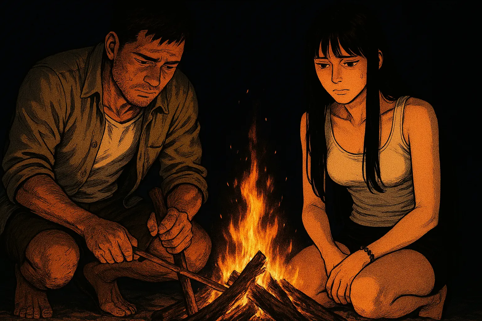 Anderson et Juliana autour du feu de camp la nuit